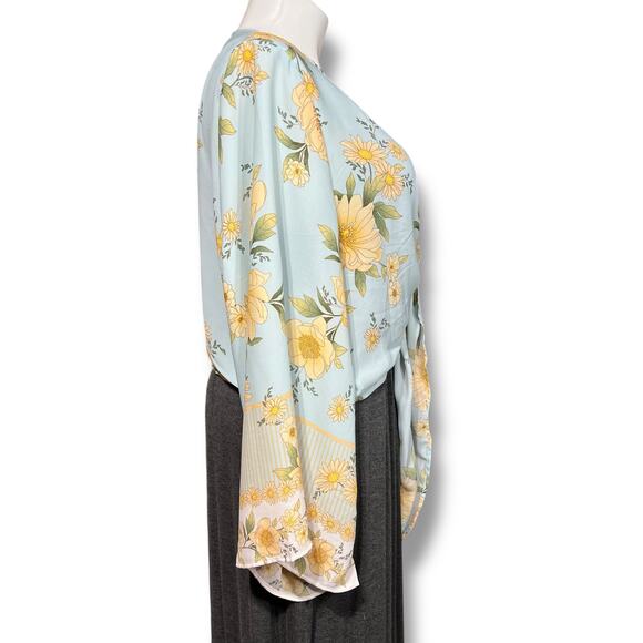 Rue+ Womens Bolero Shrug Crop Tie Front Kimono Sleeve Floral Yellow Blue 3X - Picture 3 of 8